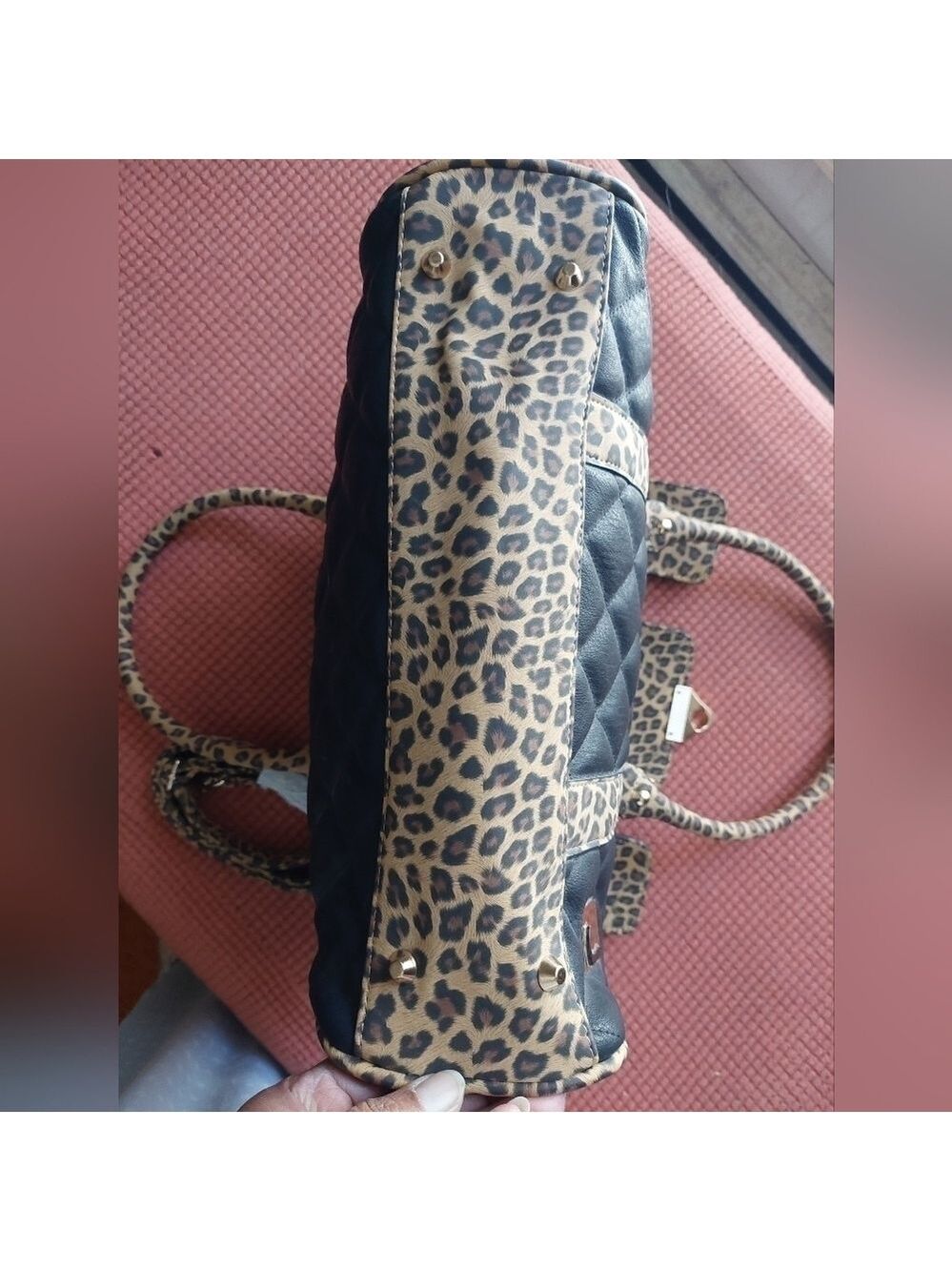Joanel Quilted & Plain Black & Faux Leopard Trim Handbag (Large) - Picture 6 of 16